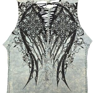 🟢Affliction Blue Black Lace-Up Braided Rhinestone Graphic Print Tank Top Large